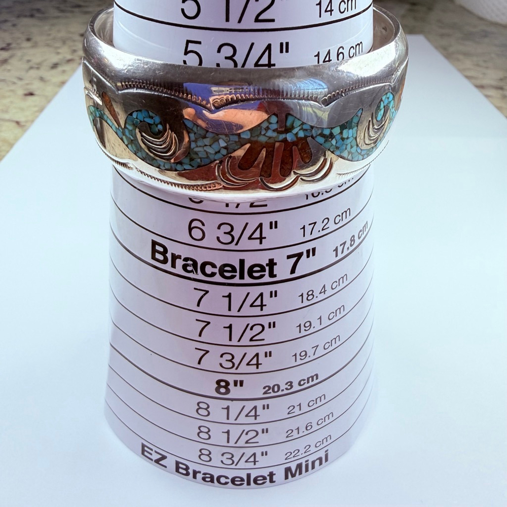 Native American Navajo Turquoise & Coral Sterling Silver BIG VTG Cuff Bracelet - Picture 10 of 11